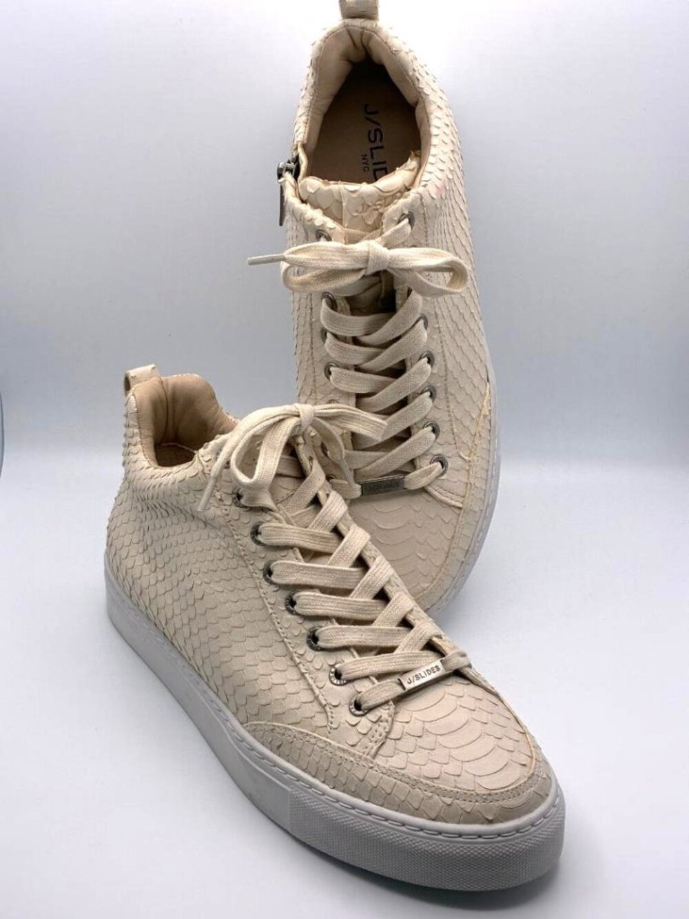J/Slides Women's Sz 10M Creme Linen Snake Python Embossed High Top Stud Sneakers